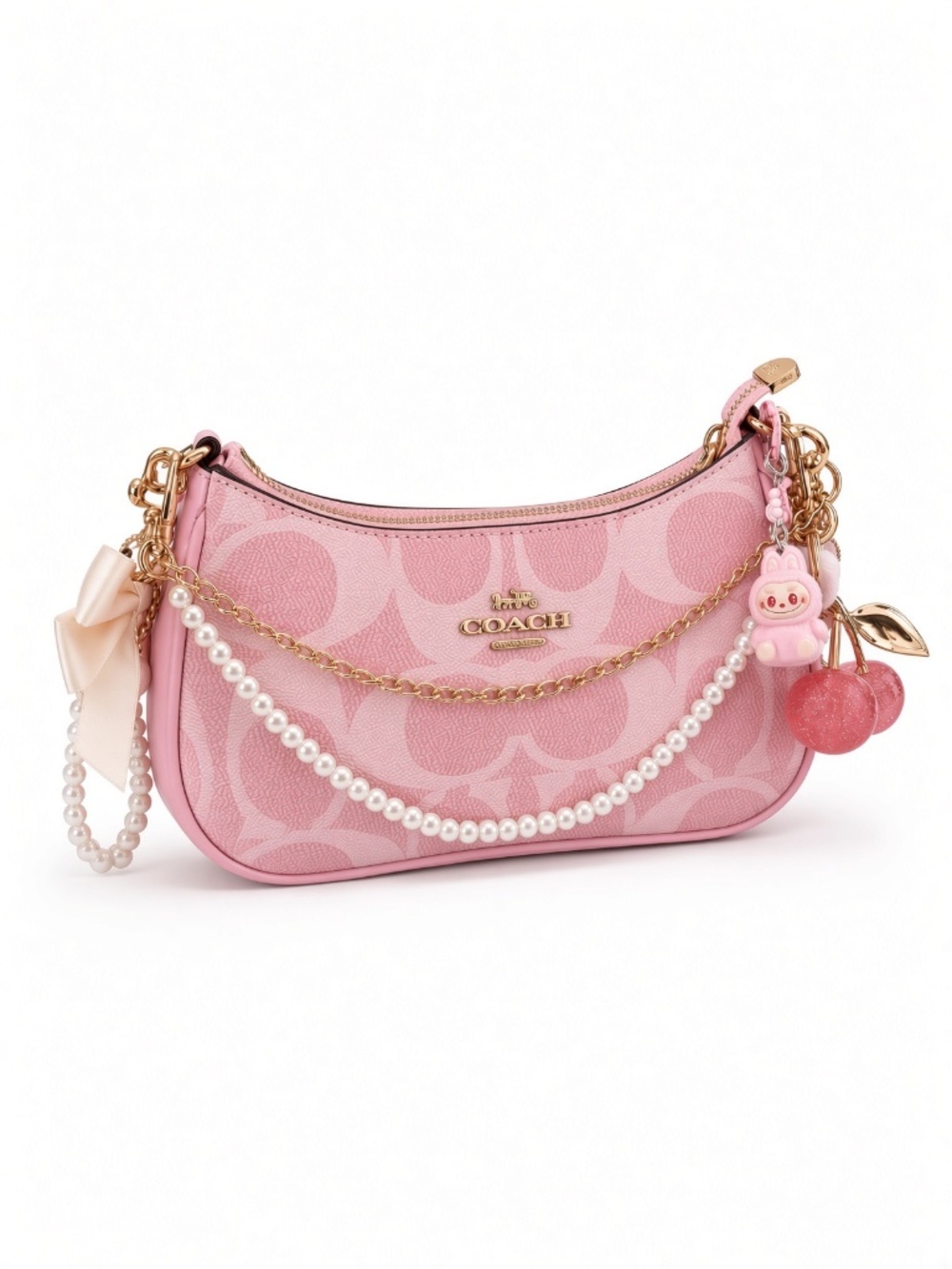 Coach Vintage Pink Teri Shoulder Bag | Designer Womenβs Handbag with Gold Chain - Picture 3 of 6